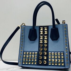 Michael Kors Mercer Medium Studded Leather Crossbody Blue 30F9GM9M6T
